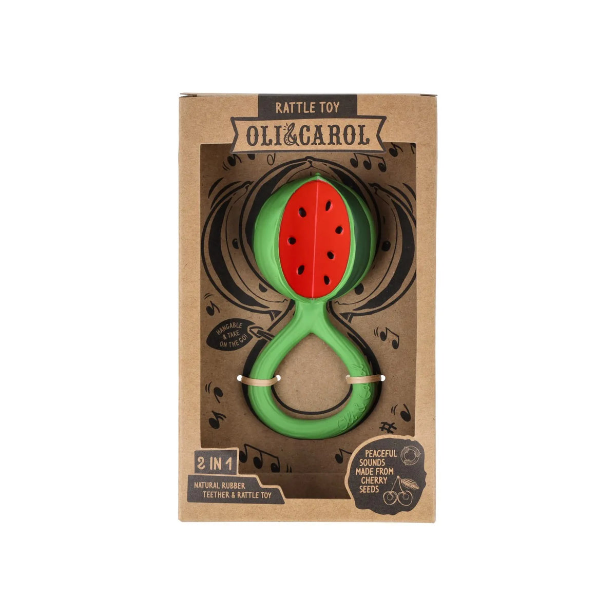 Oli and Carol natural rubber watermelon rattle and teether toy in retail packaging