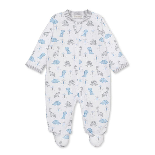 Kissy Kissy white baby sleeper with blue dinosaur print and striped trim