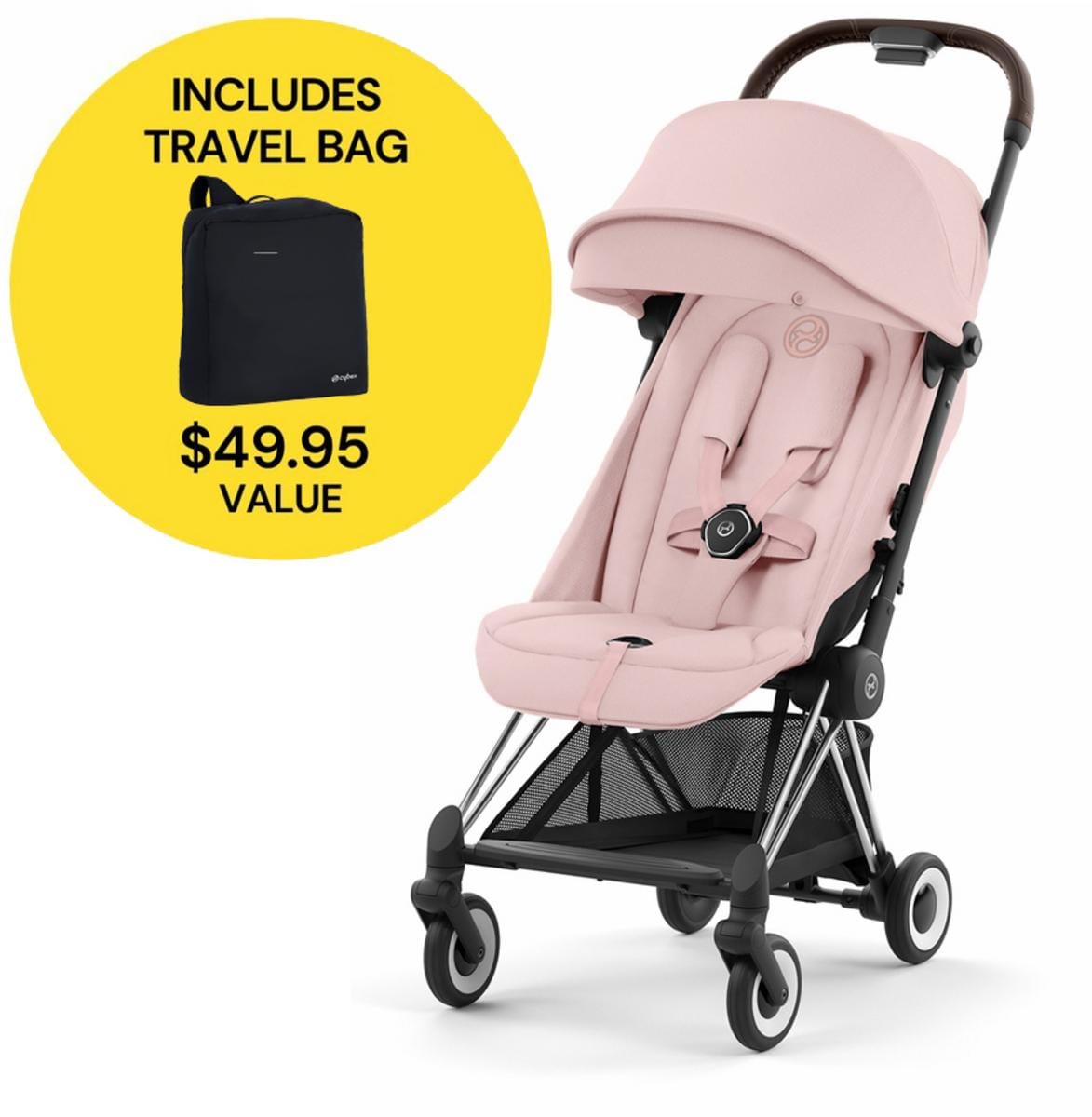 Cybex COYA Compact Stroller + Travel Bag Bundle - Chrome / Dark Brown / Peach Pink - 522004423-521001489