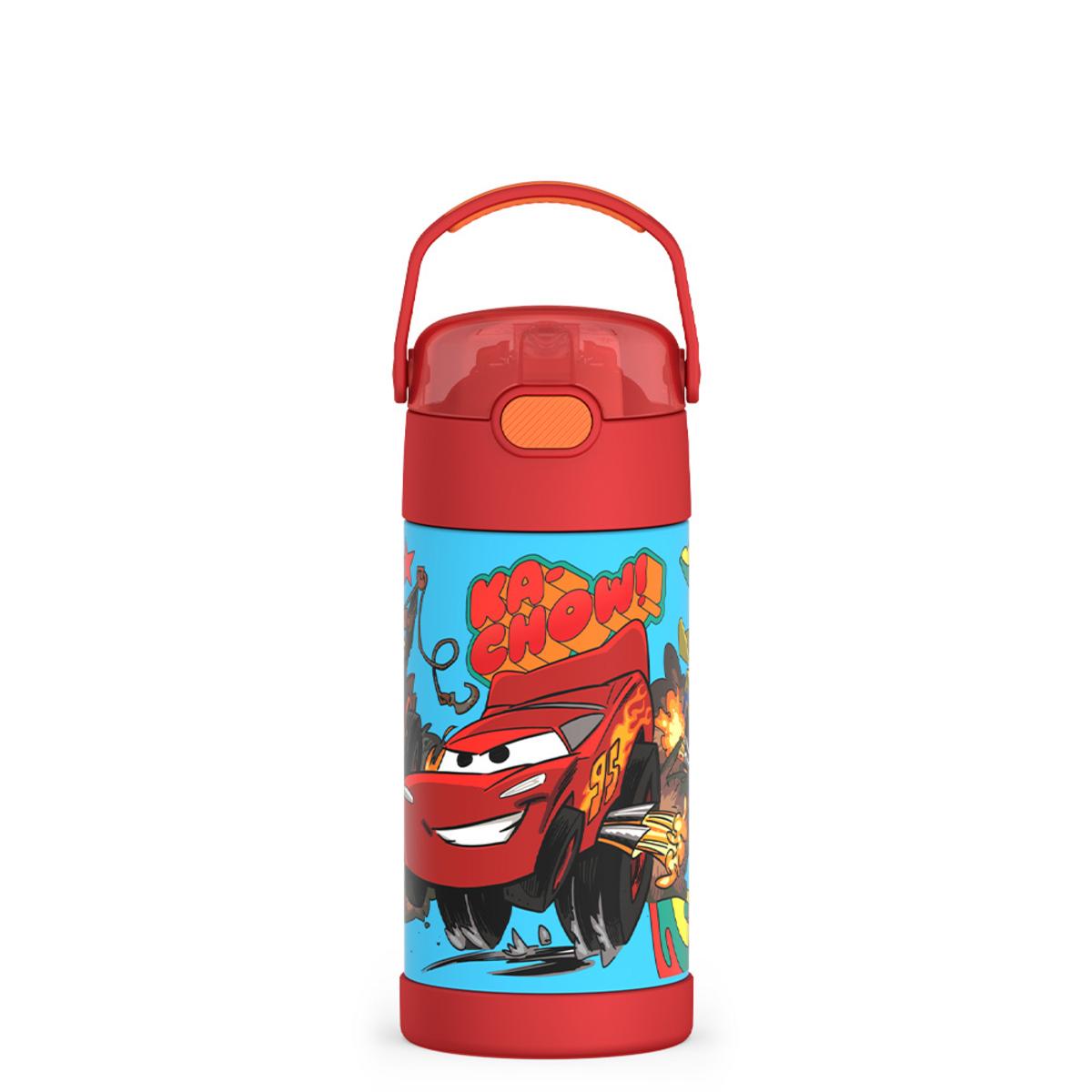 Thermos water bottle featuring Lightning McQueen from Cars with a red lid and carry handle