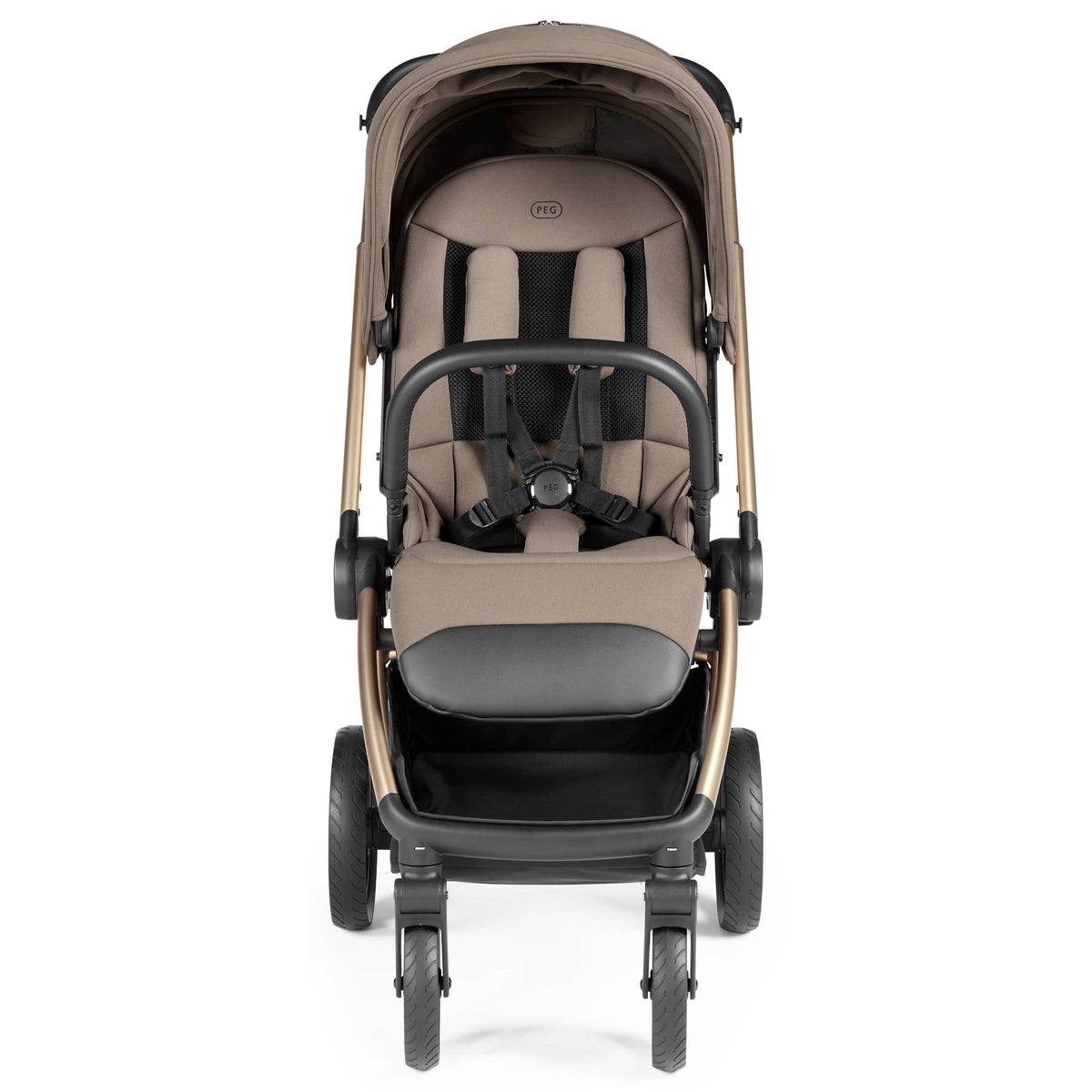 Front view of a tan PEG stroller with a black bumper bar and five point harness