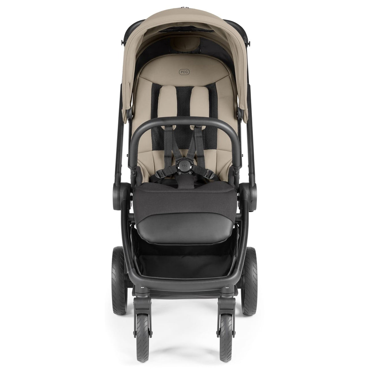 Front view of a beige and black PEG stroller with a five point harness