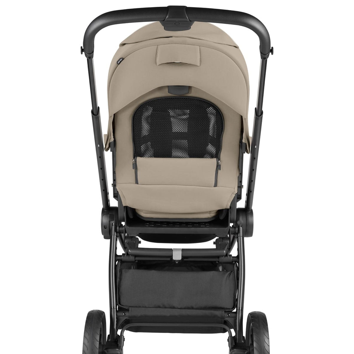Rear view of a beige PEG stroller with a black frame and mesh ventilation window