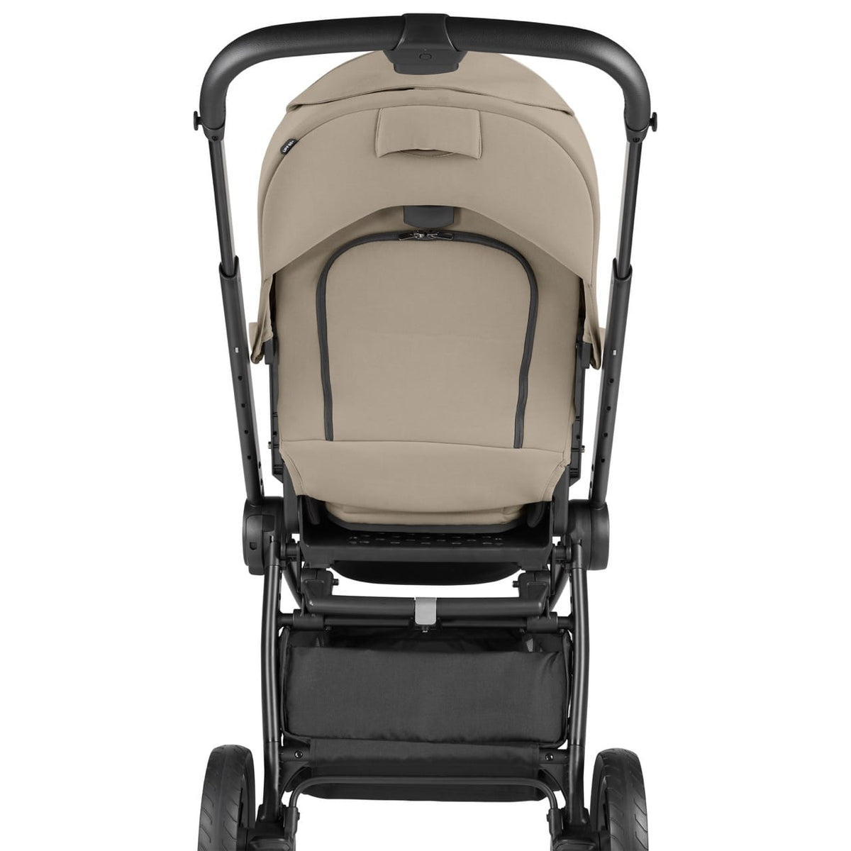 PEG stroller with beige canopy and black frame viewed from behind