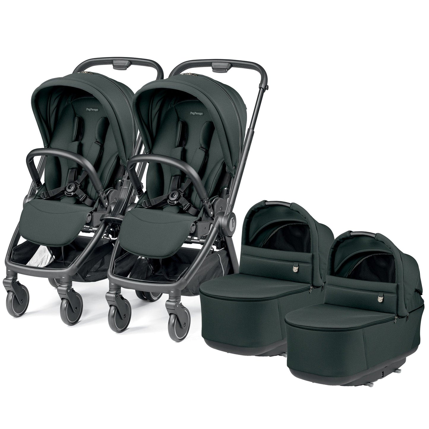 PEG City Loop Twin Stroller + Pop Up Bassinet With Stand Bundle - Black / Metal / Metal - CLP-TWIN-BAS-METAL