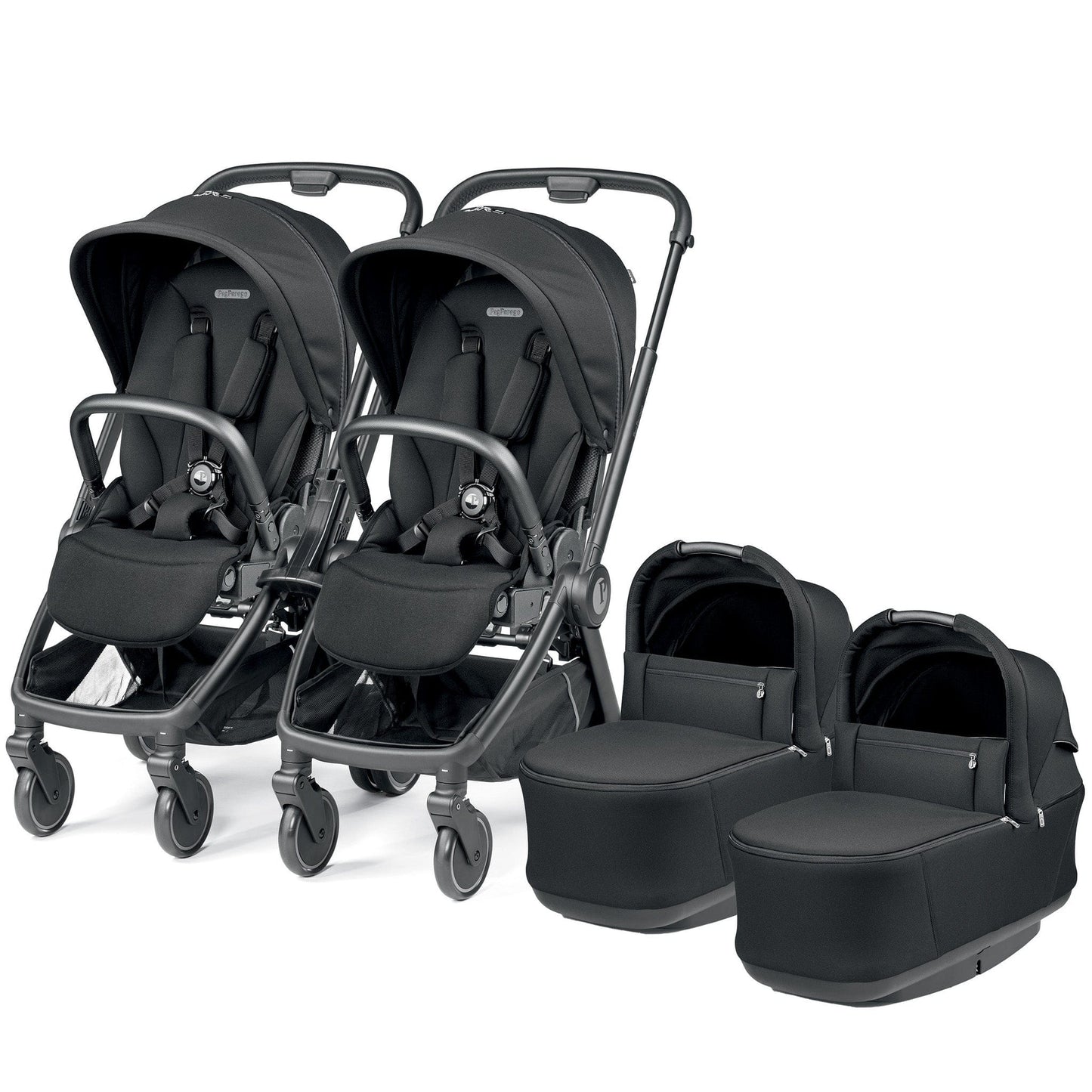 PEG City Loop Twin Stroller + Pop Up Bassinet With Stand Bundle - Black / True Black / True Black - CLP-TWIN-BAS-TRBLK