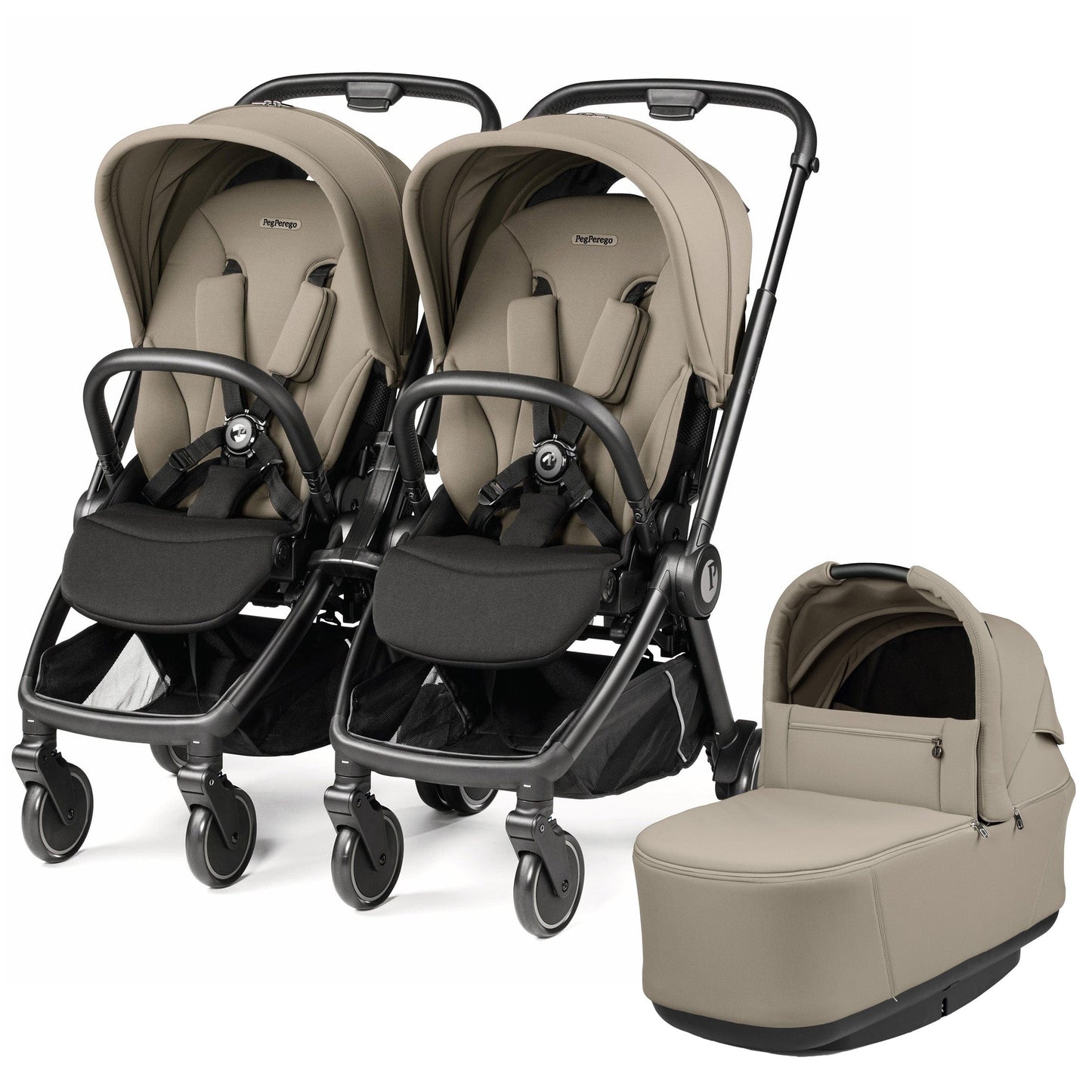 Peg Perego City Loop Double Stroller + Pop Up Bassinet With Stand Bundle - Black / Vanilla Blend / Vanilla Blend - CLP-DBL-BAS-VANBL