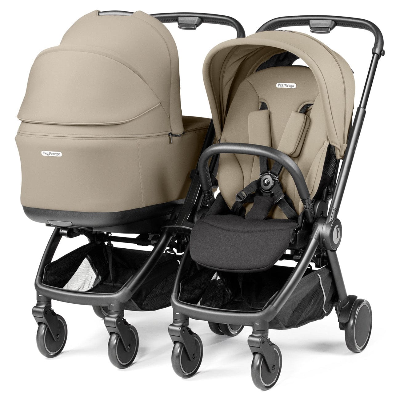 Peg Perego City Loop Double Stroller + Pop Up Bassinet With Stand Bundle - Black / Vanilla Blend / Vanilla Blend - CLP-DBL-BAS-VANBL