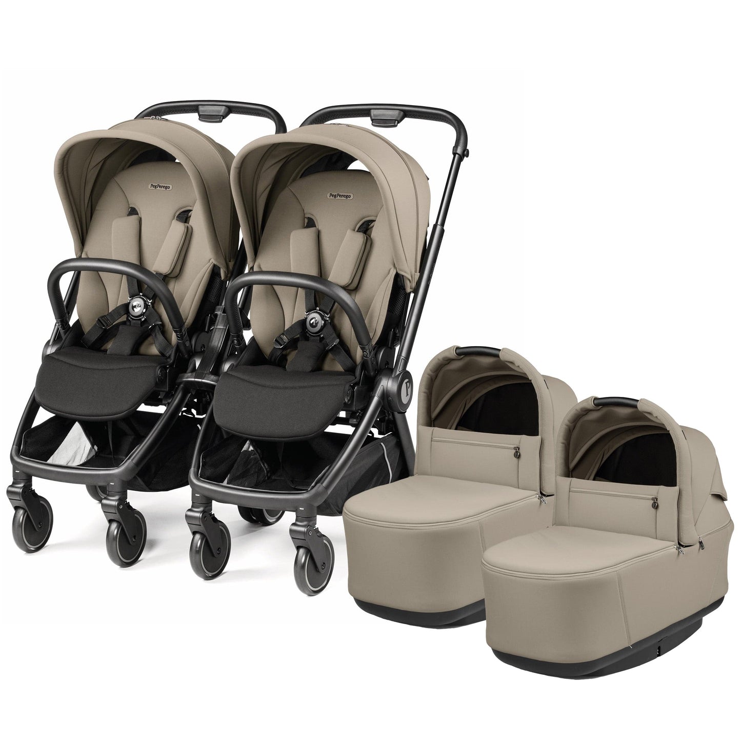 Peg Perego City Loop Twin Stroller + Pop Up Bassinet With Stand Bundle - Black / Vanilla Blend / Vanilla Blend - CLP-TWIN-BAS-VANBL