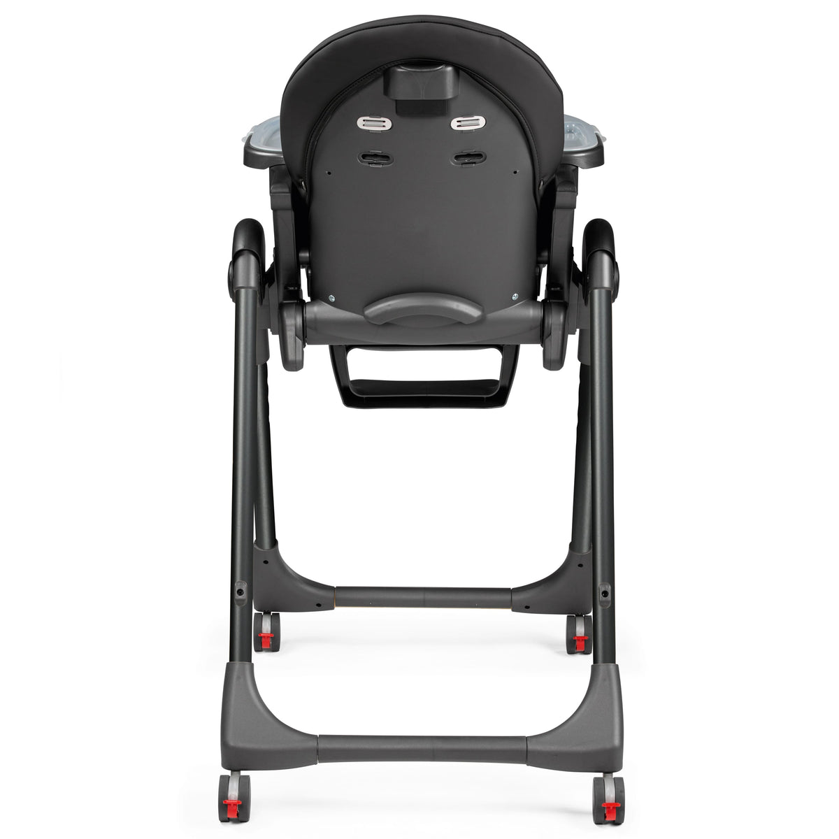 Back view of a black PEG high chair with four wheels