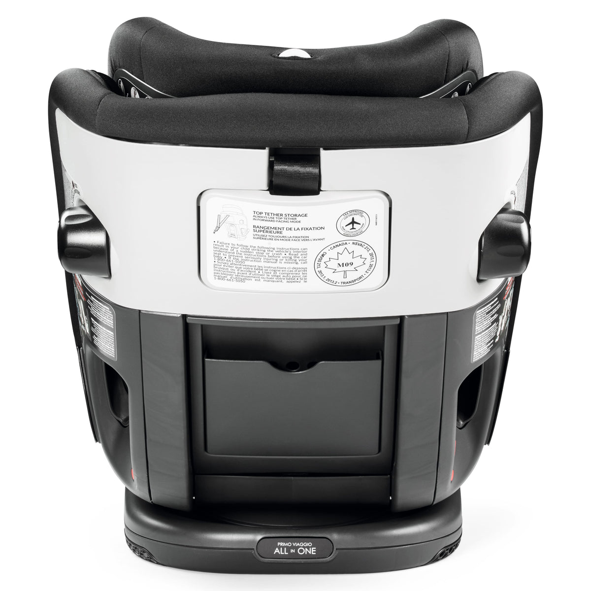Back view of Peg Perego Primo Viaggio All in One car seat showing tether storage and safety labels