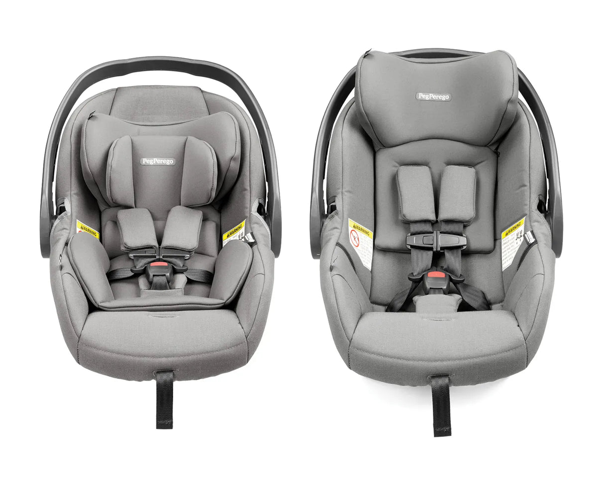 Two Peg Perego infant car seats in grey fabric shown with and without the newborn insert
