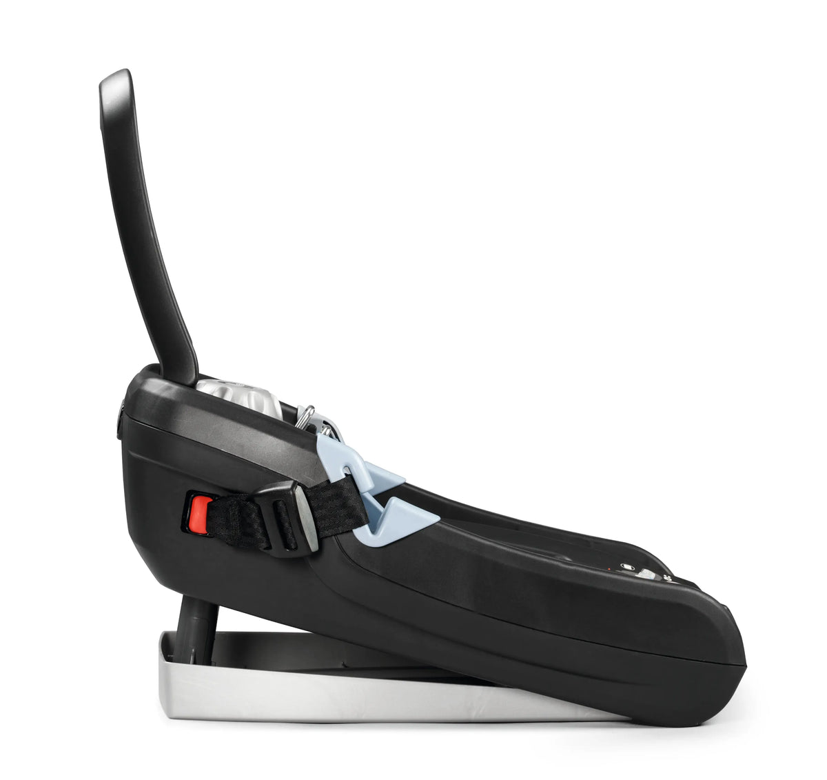 Black infant car seat base with adjustable support leg and belt tensioning plate