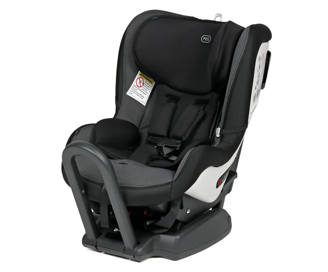 PEG black and grey convertible car seat with five point harness