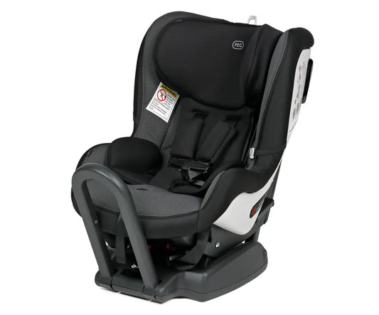 PEG black and grey convertible car seat with five point harness