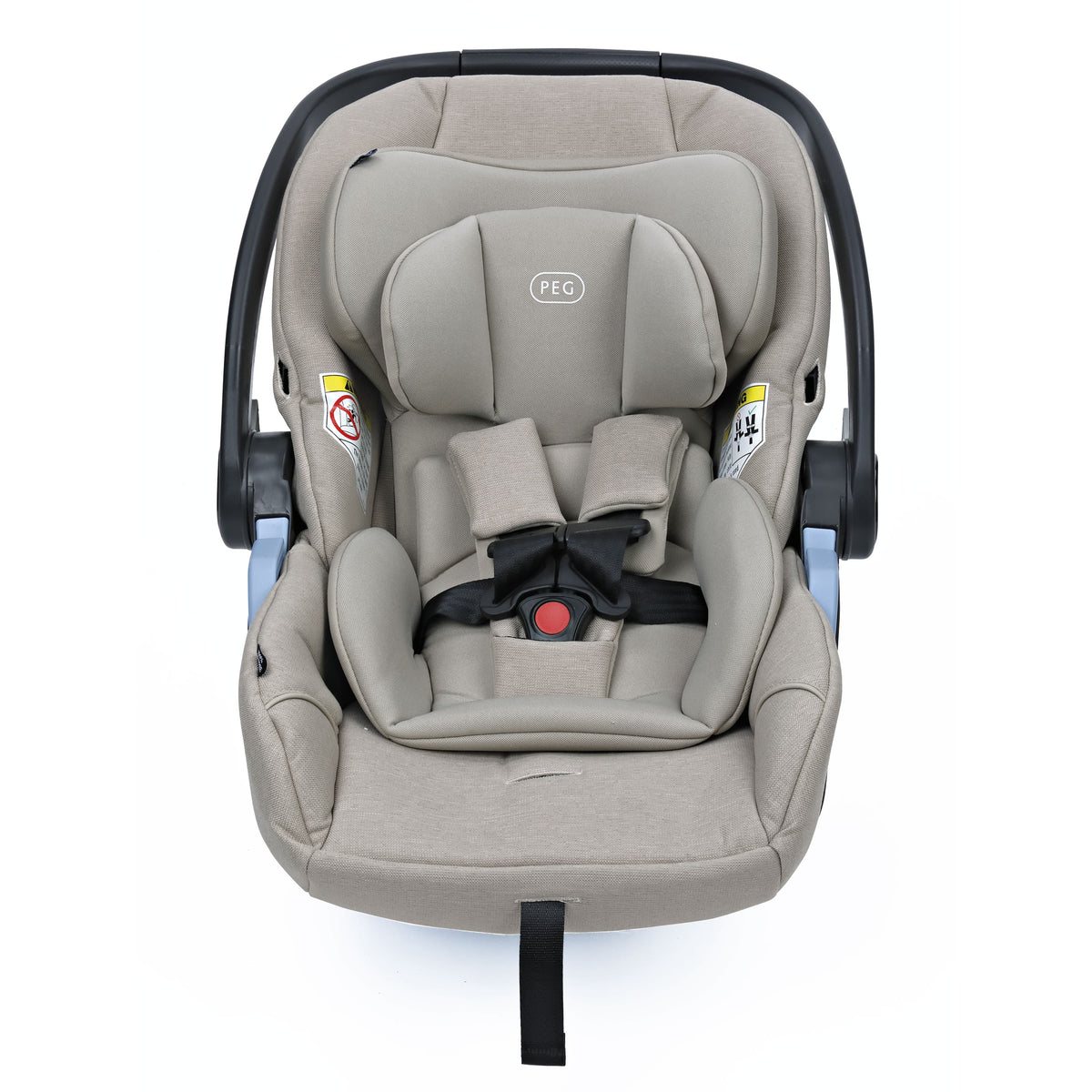 Beige PEG infant car seat with five point harness and adjustable handle