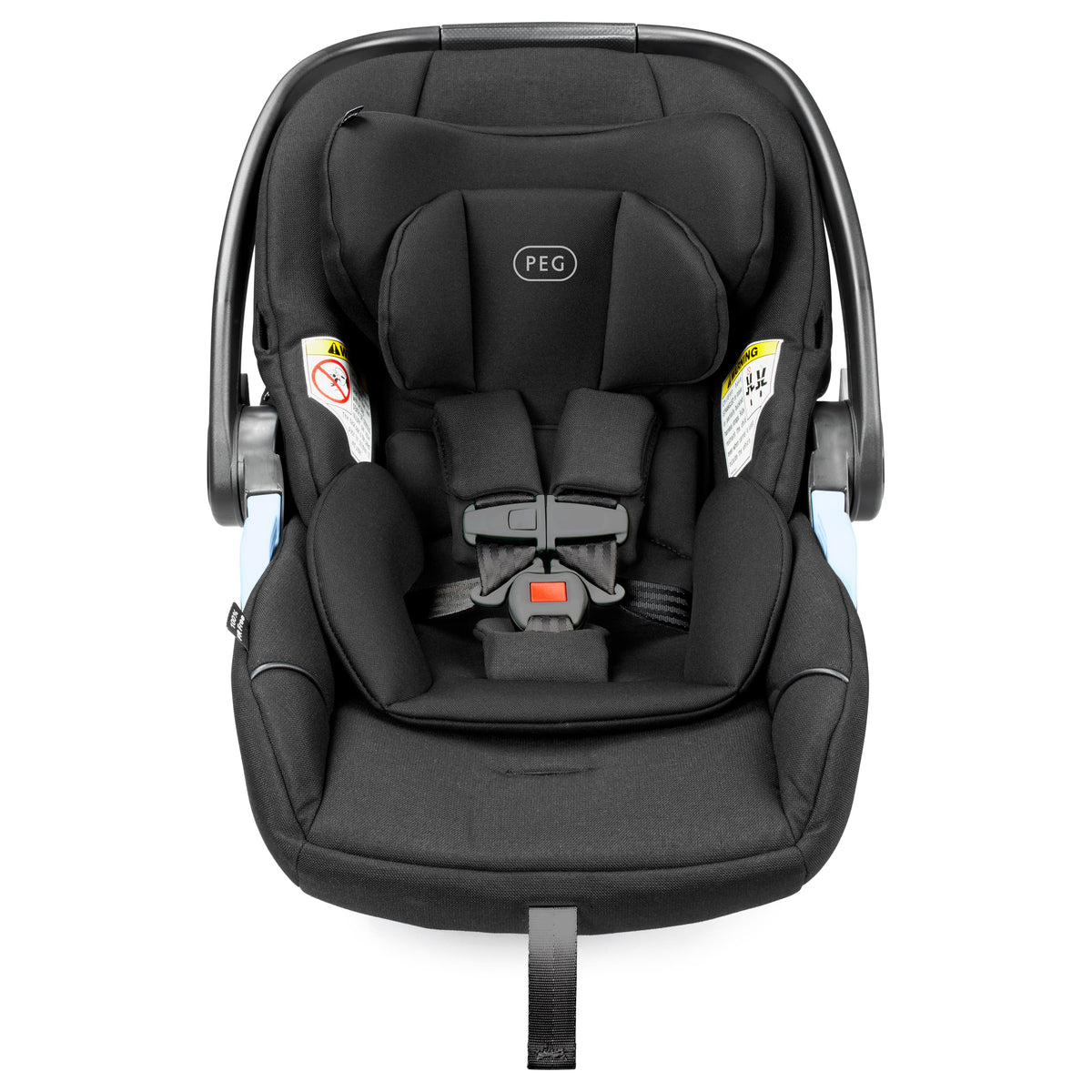 Black PEG infant car seat with five point harness and adjustable handle