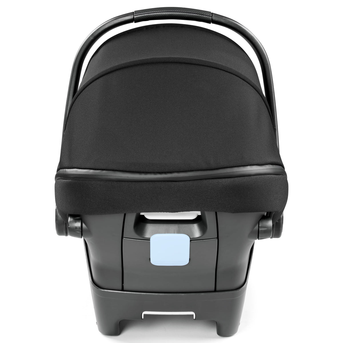 PEG infant car seat with black canopy and handle viewed from the back
