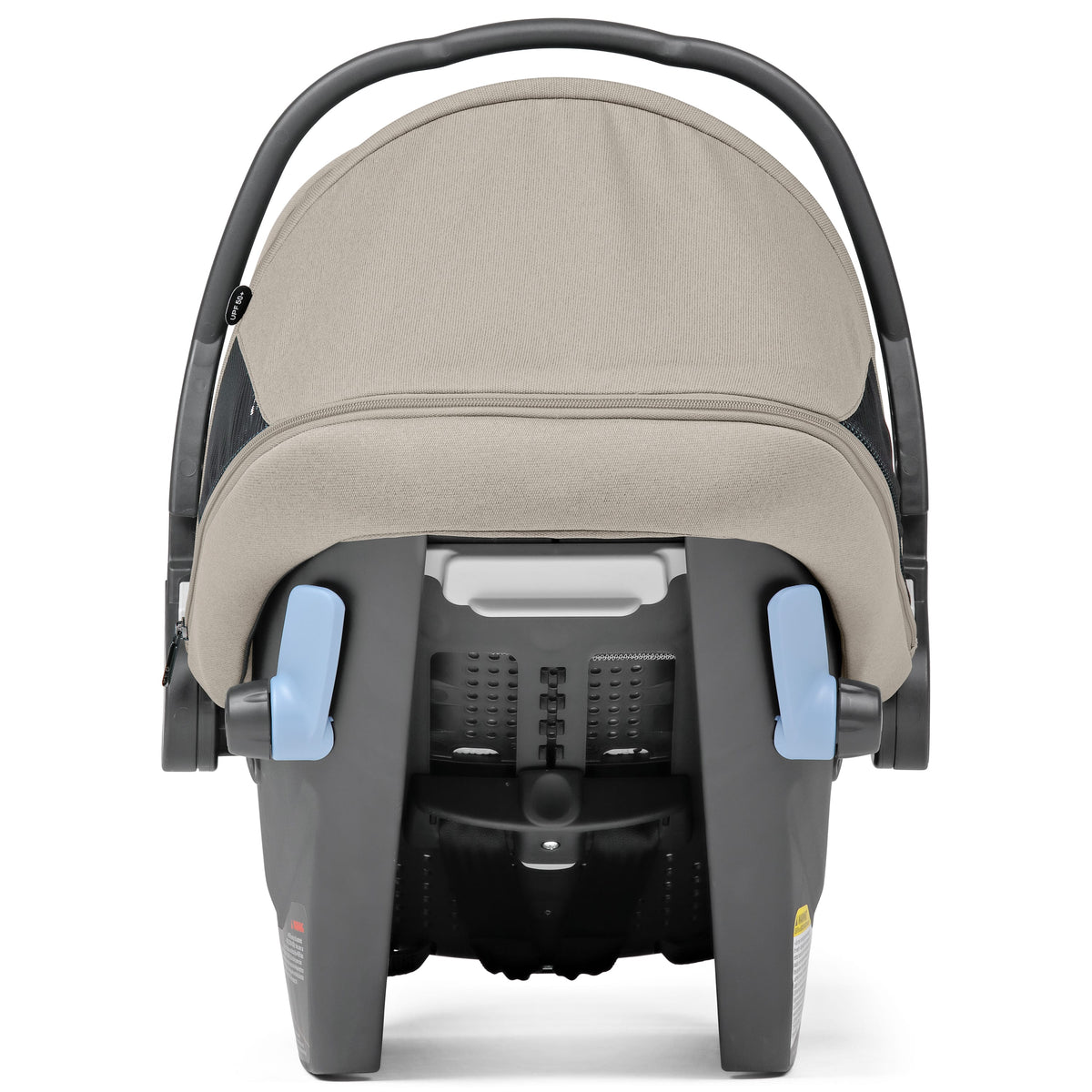PEG infant car seat with beige canopy and blue adjustment levers