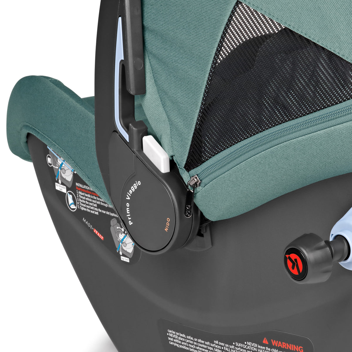 Peg Perego Primo Viaggio Nido infant car seat side view showing installation instructions and canopy