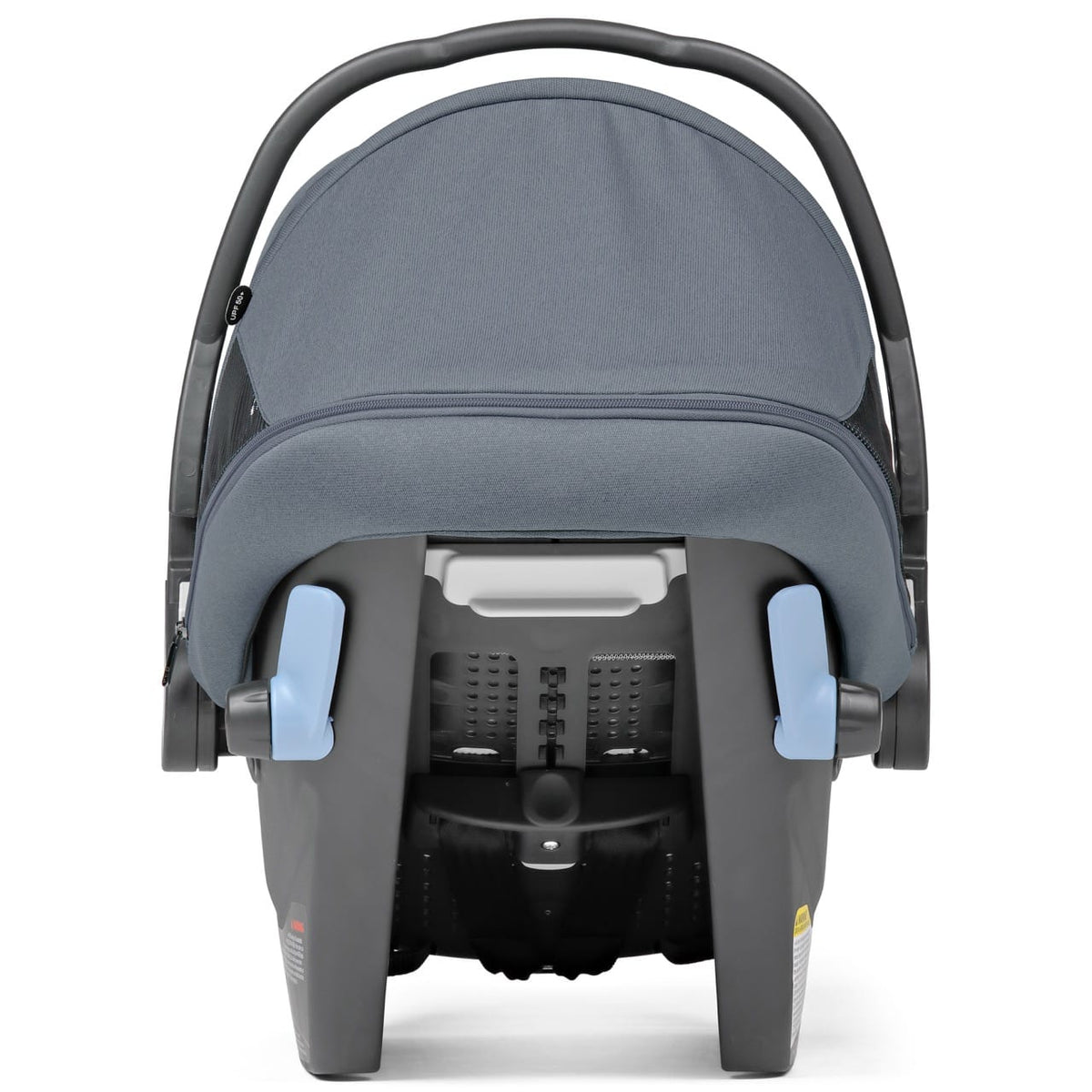 PEG infant car seat with grey canopy and light blue release levers