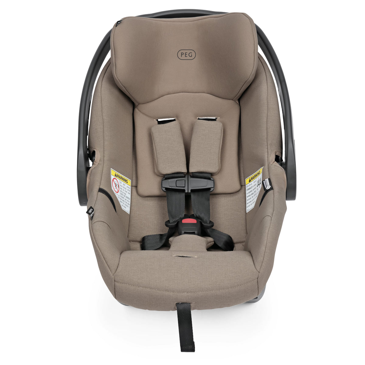 Tan PEG infant car seat with five point harness and adjustable carry handle