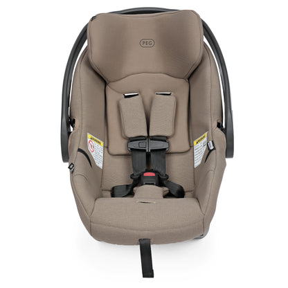 Tan PEG infant car seat with five point harness and adjustable carry handle