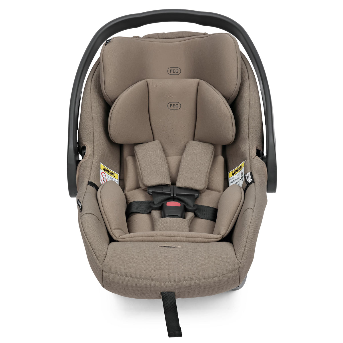 Tan PEG infant car seat with black handle and five point harness system