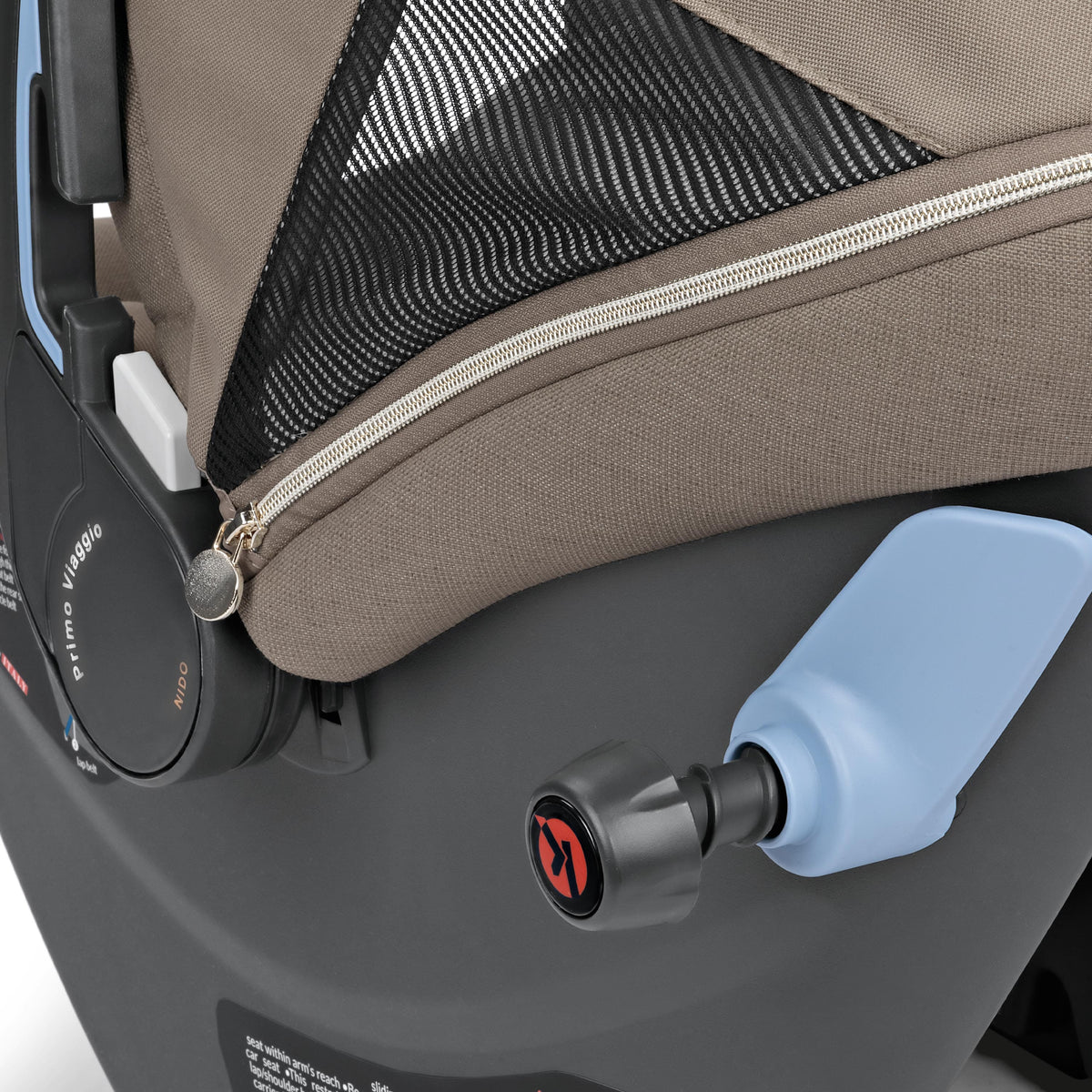 Close up of Peg Perego Primo Viaggio Nido car seat canopy and adjustment knob