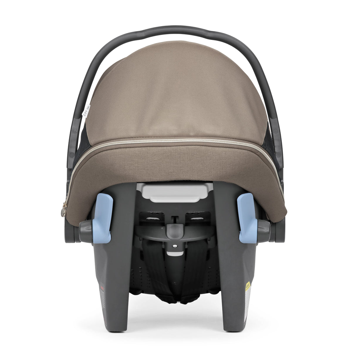 PEG infant car seat with brown canopy and blue adjustment levers