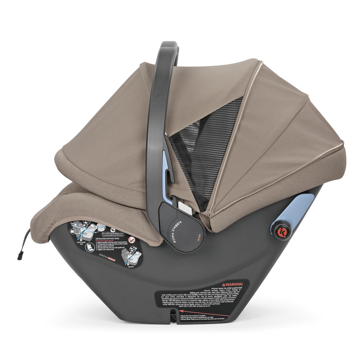 PEG Primo Viaggio Nido infant car seat in tan with canopy and safety labels