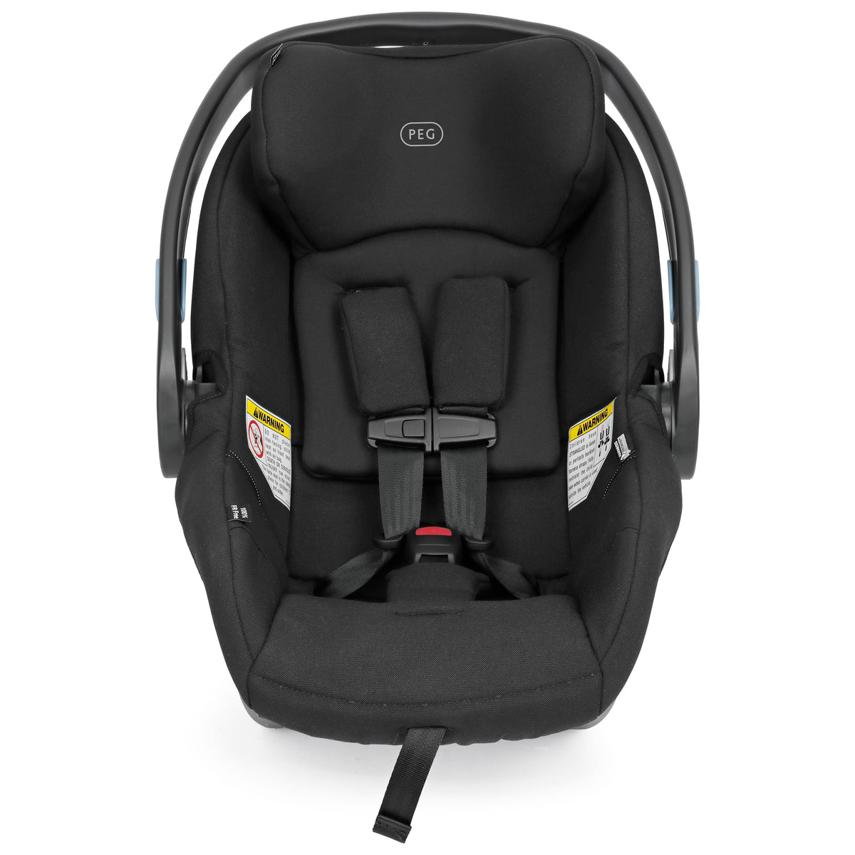 Black PEG infant car seat with five point harness and safety warning labels