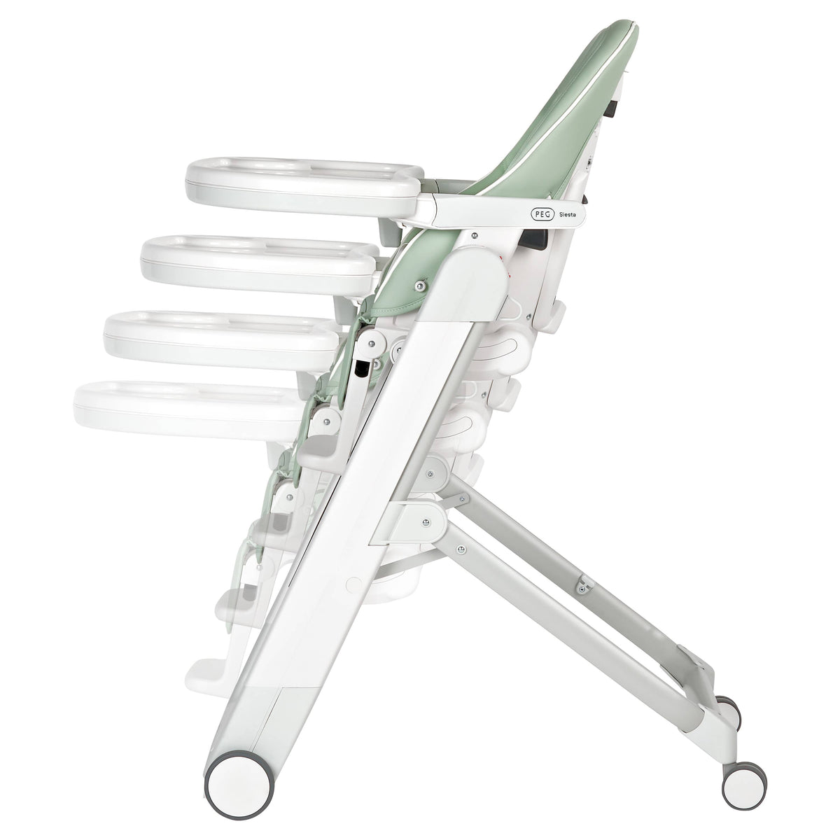 PEG Siesta high chair in green and white showing multiple height positions from a side view