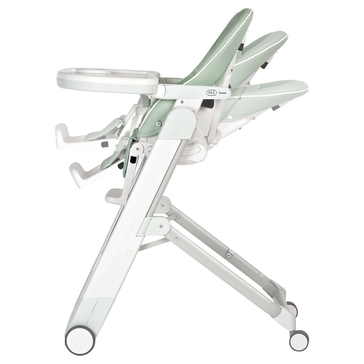 PEG Siesta high chair showing three different recline positions in sage green and white