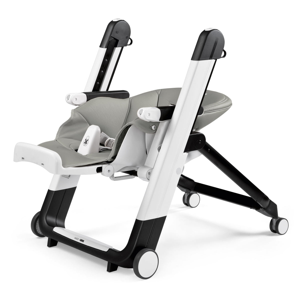 PEG high chair frame with grey seat pad and wheels