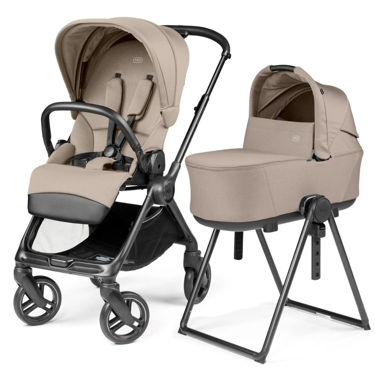PEG beige stroller with seat unit and separate bassinet on a folding stand