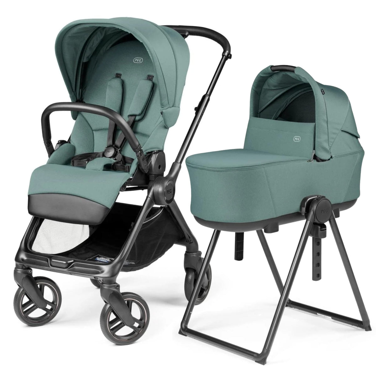 PEG sage green stroller and bassinet on a stand