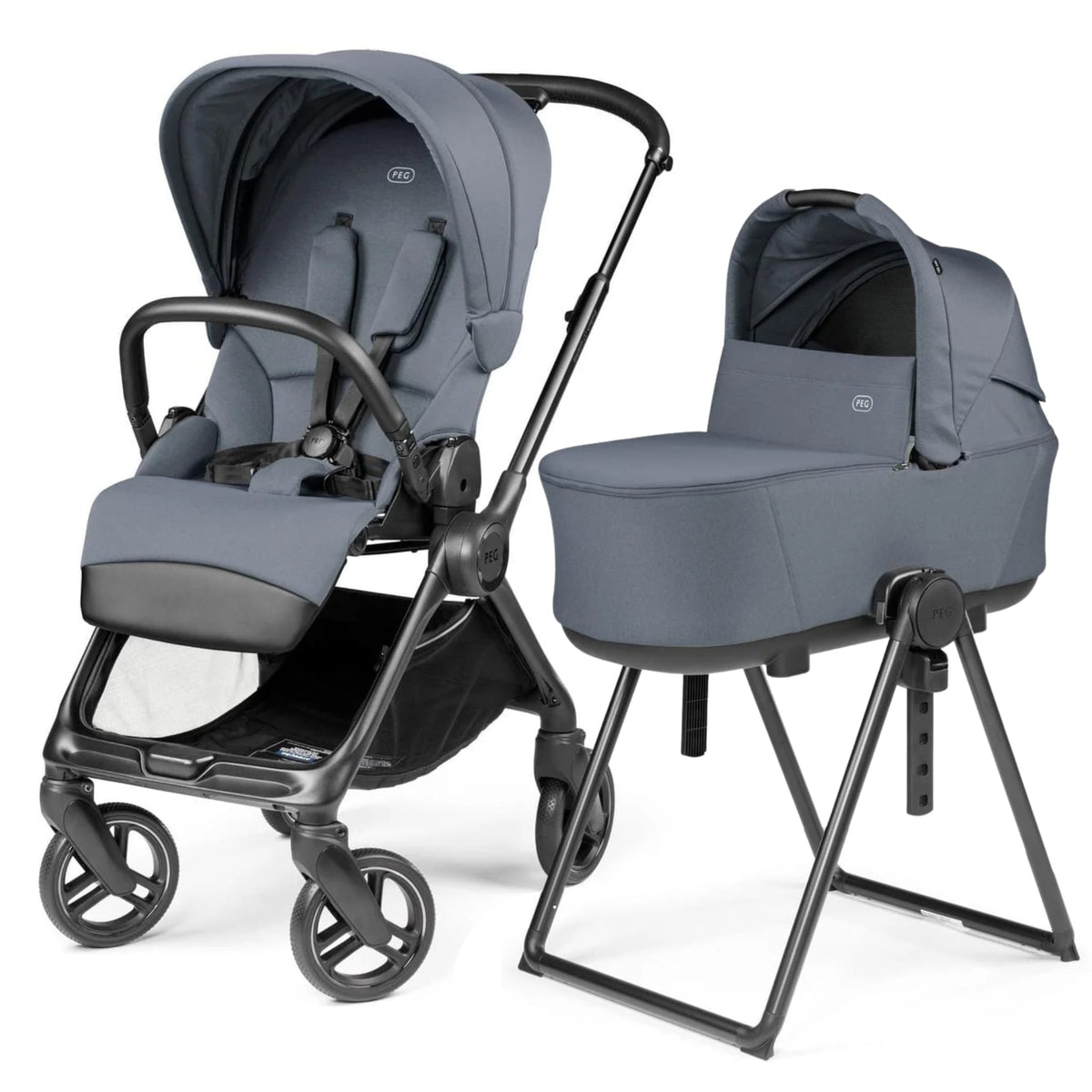 PEG grey stroller with seat unit and separate bassinet on a stand