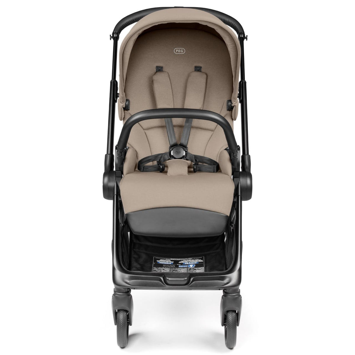 Front view of a beige PEG stroller with black frame and five point harness