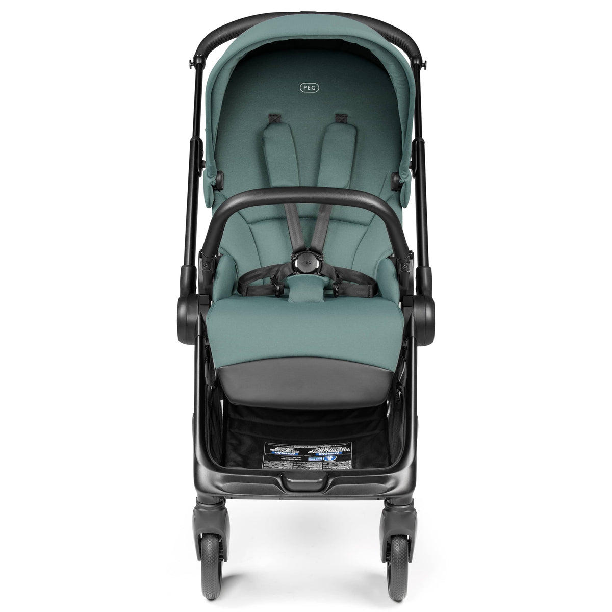 Front view of a teal PEG stroller with black frame and five point harness
