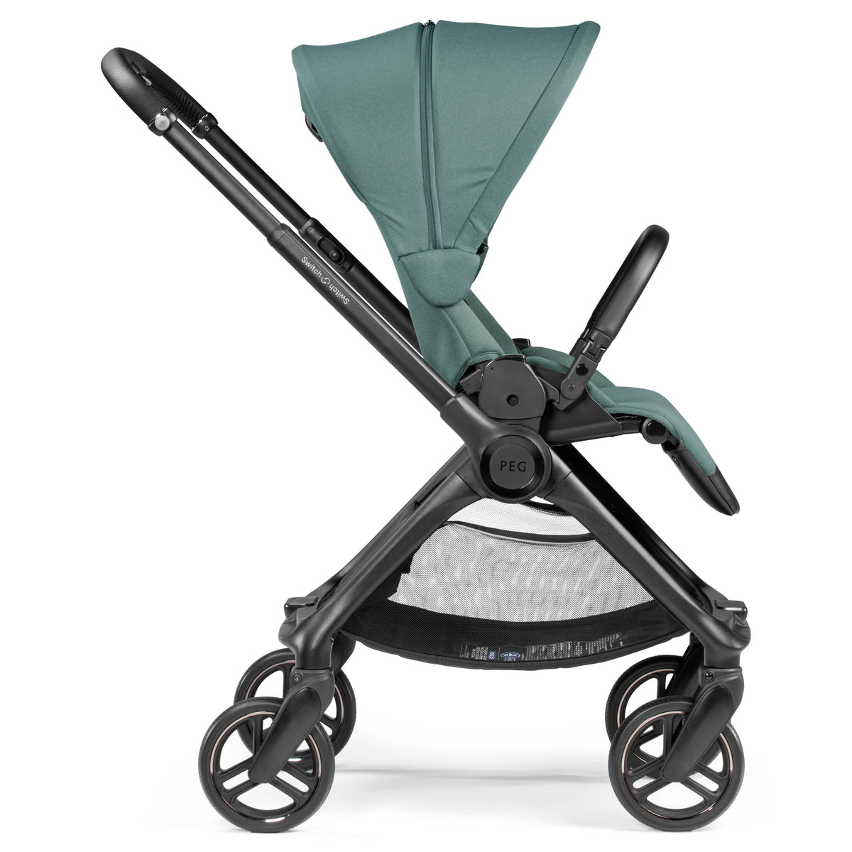 Peg Perego Switch stroller in teal with black frame and storage basket