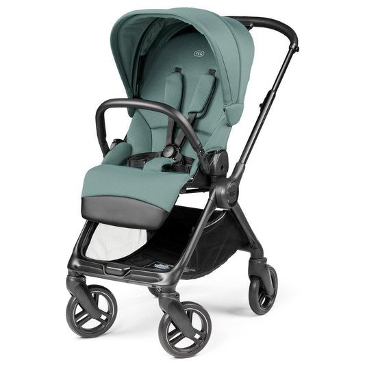 Sage green Peg stroller with black frame and storage basket