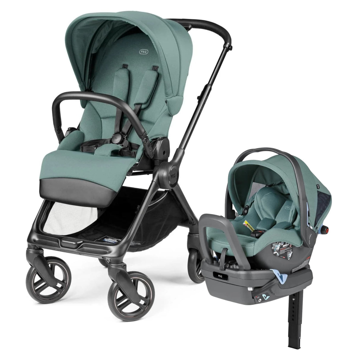PEG sage green travel system with stroller and infant car seat with base