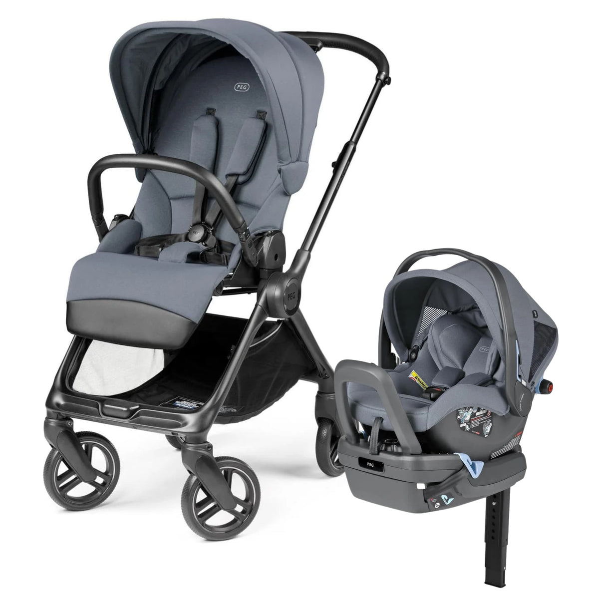 PEG travel system with grey stroller and matching infant car seat with base