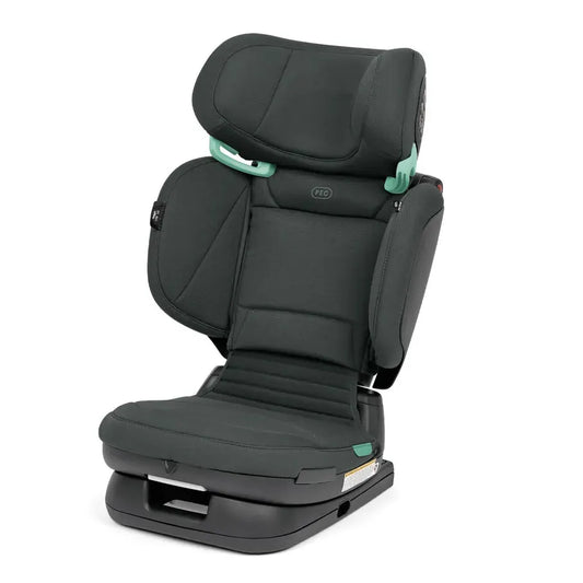 PEG-dc charcoal grey high back booster car seat with mint green belt guides