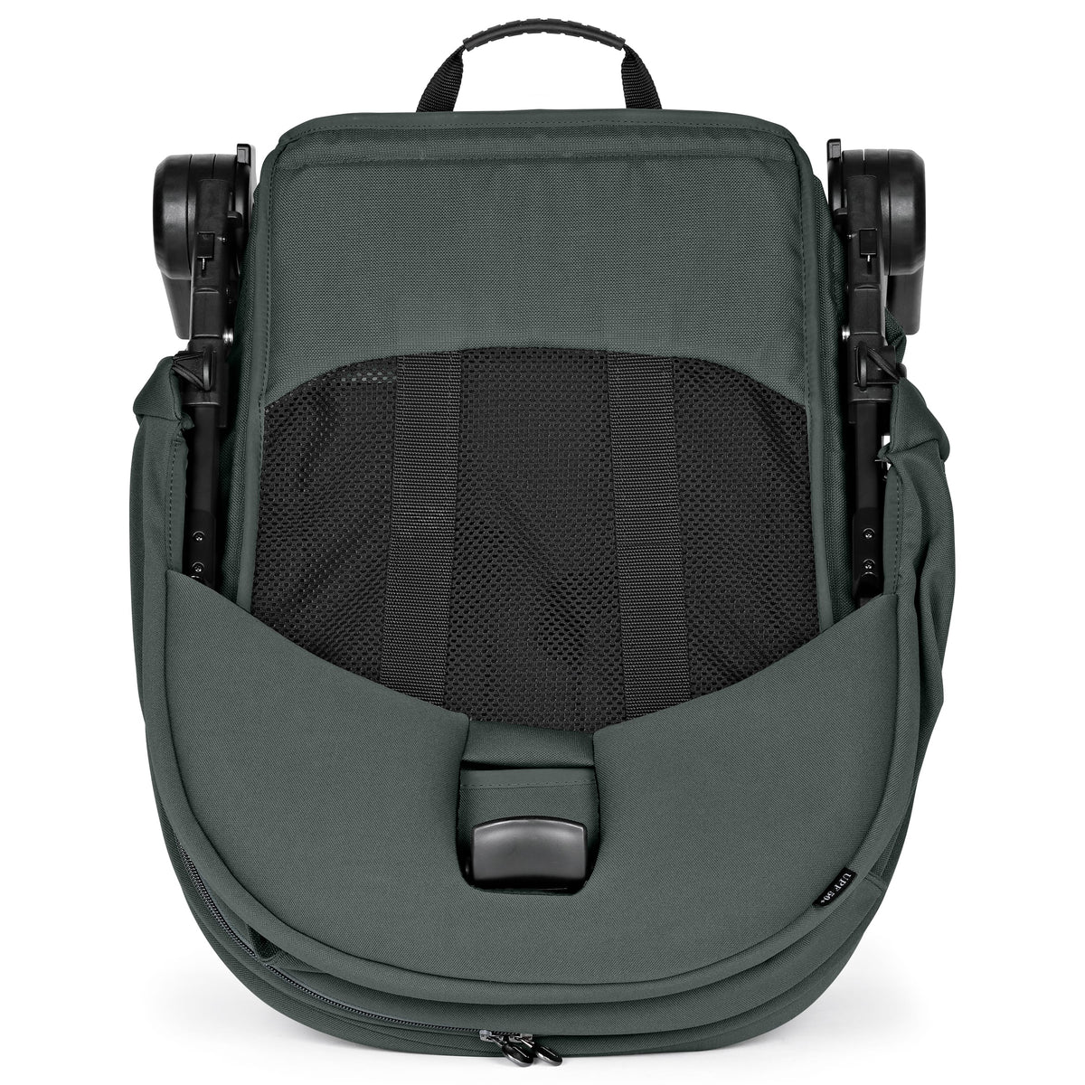 Folded dark green PEG stroller seat with mesh ventilation panel