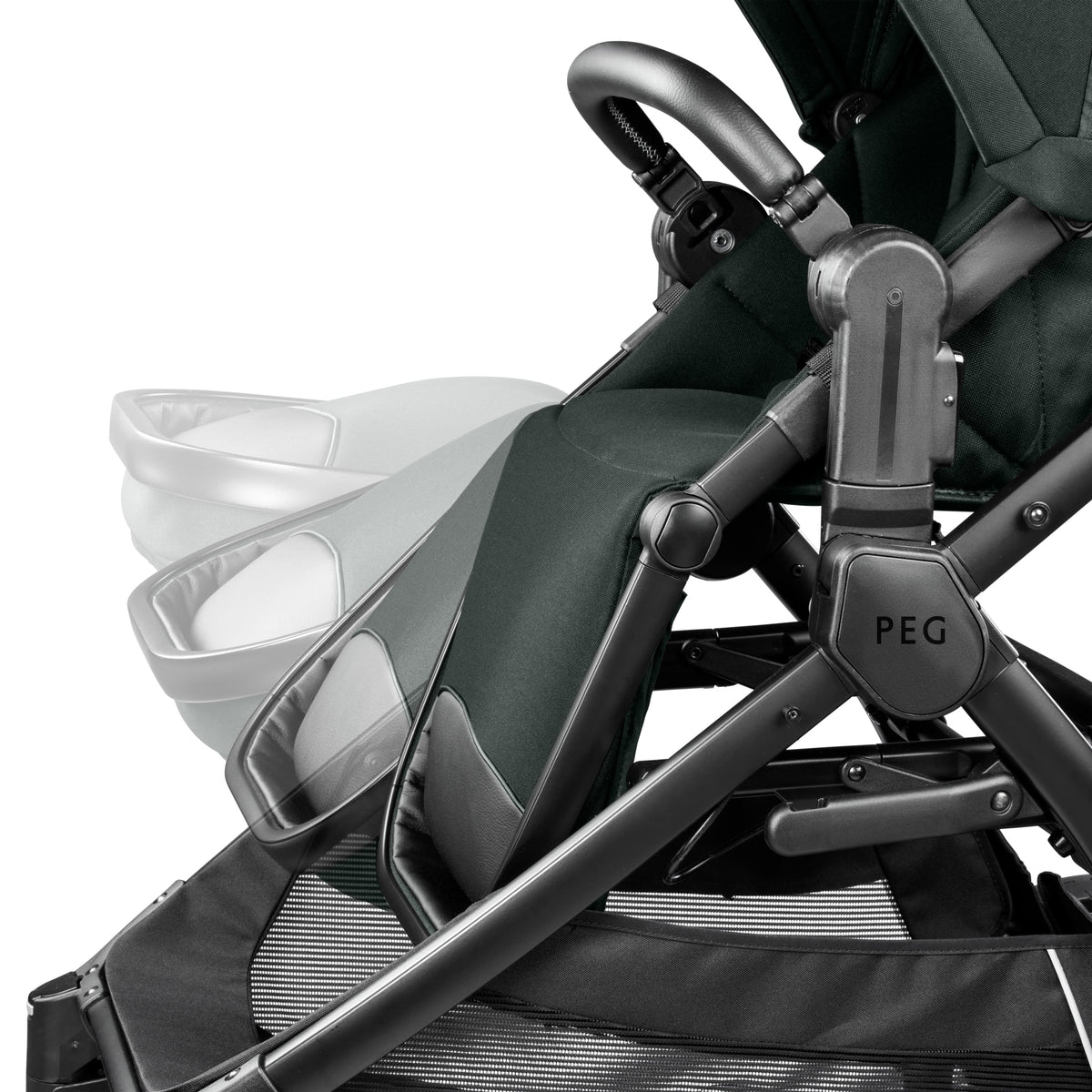 Adjustable leg rest on a black Peg stroller