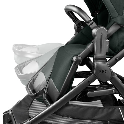 Adjustable leg rest on a black Peg stroller