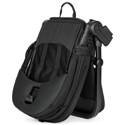 Folded black PEG stroller frame and seat unit
