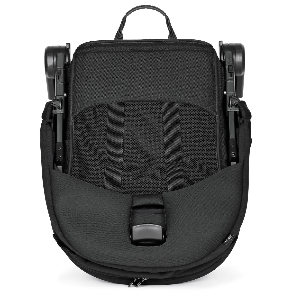 Folded black Peg Perego stroller seat with mesh back panel